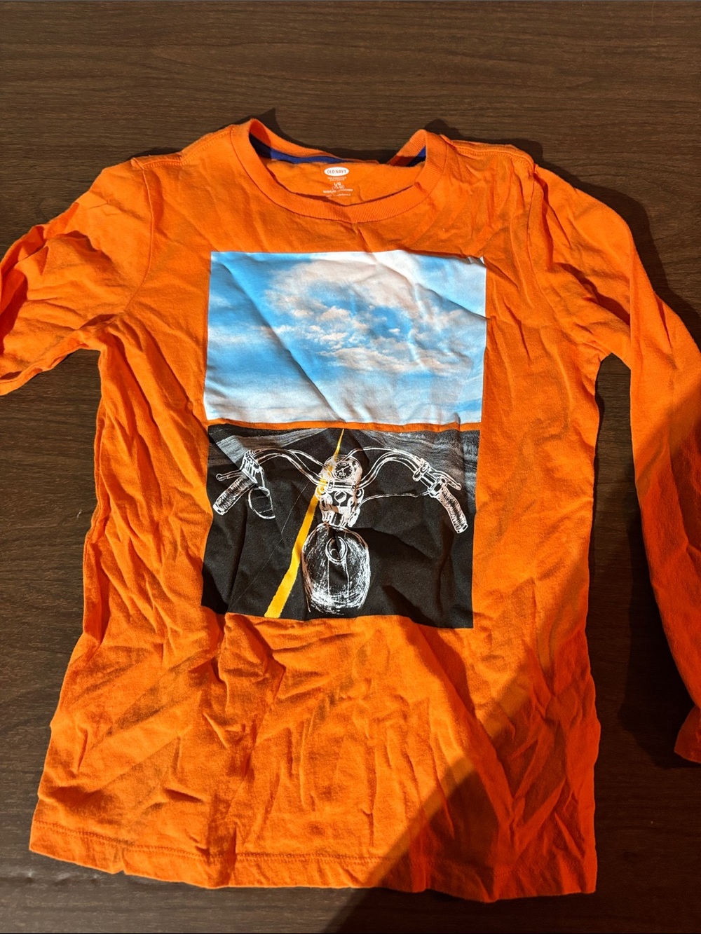 Old Navy Orange Long-Sleeve Tee with Motorcycle Graphic